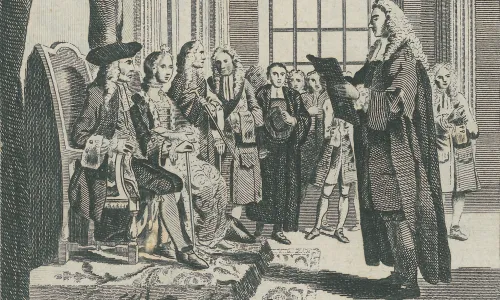 Engraving based on a drawing by Samuel Wale of the Bill of Rights being presented to William III and Mary II